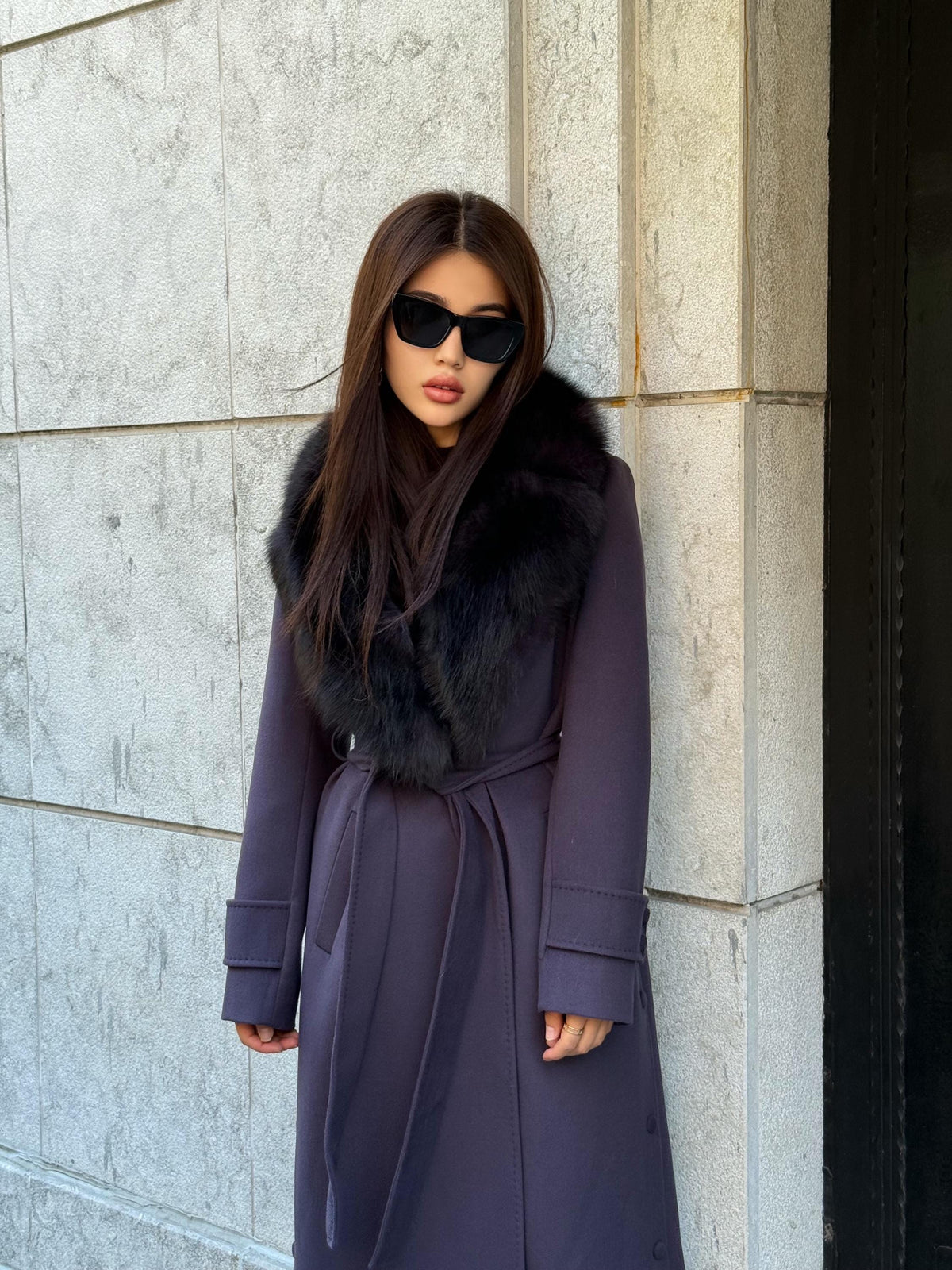 Deep Purple Cashmere Coat With Fox Fur Trim | Luxury Collar Fox Fur Coat | Handmade Plus Size Long Belted Wool Coat For Women, Fox Fur Coat