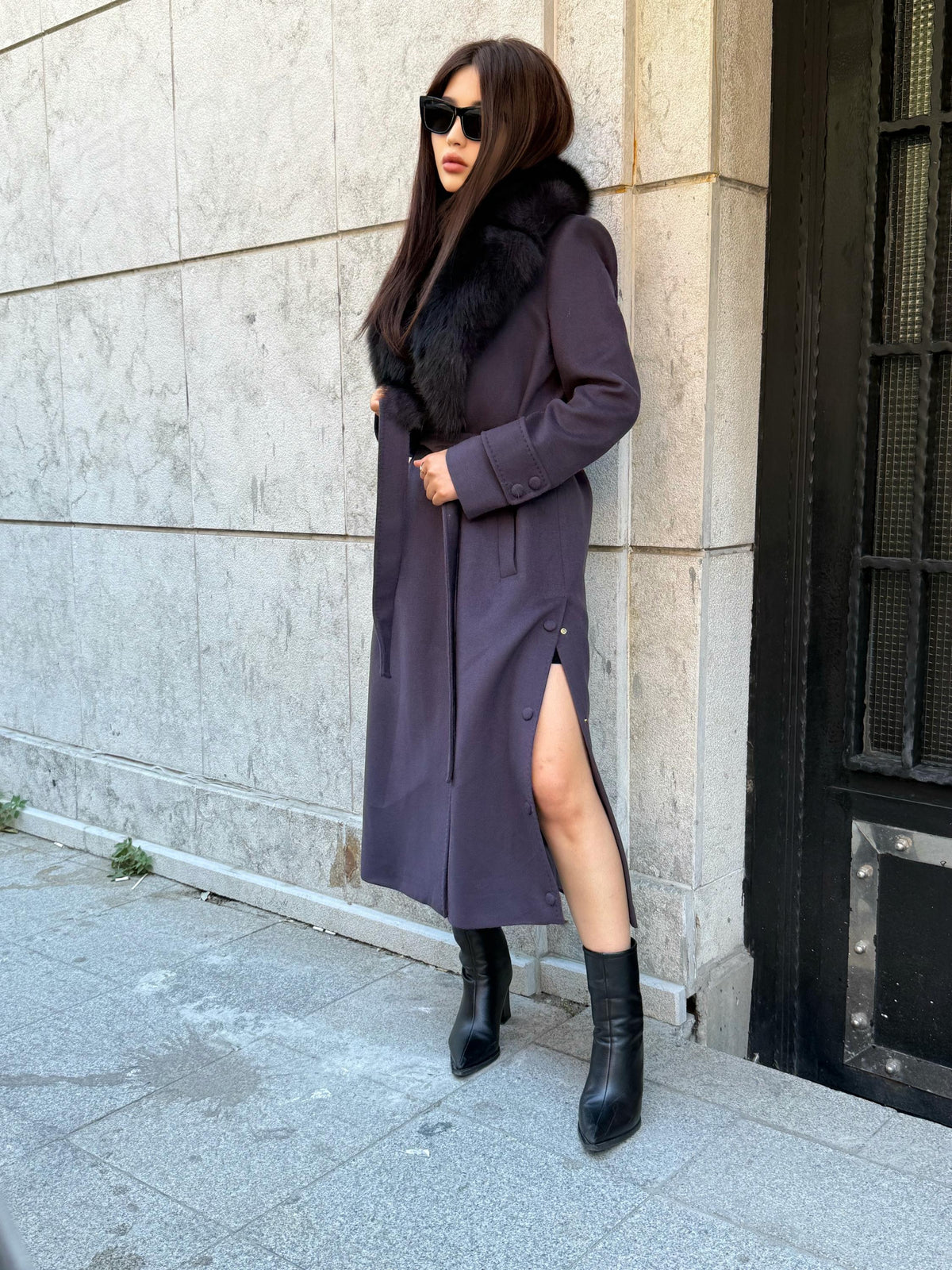Deep Purple Cashmere Coat With Fox Fur Trim | Luxury Collar Fox Fur Coat | Handmade Plus Size Long Belted Wool Coat For Women, Fox Fur Coat