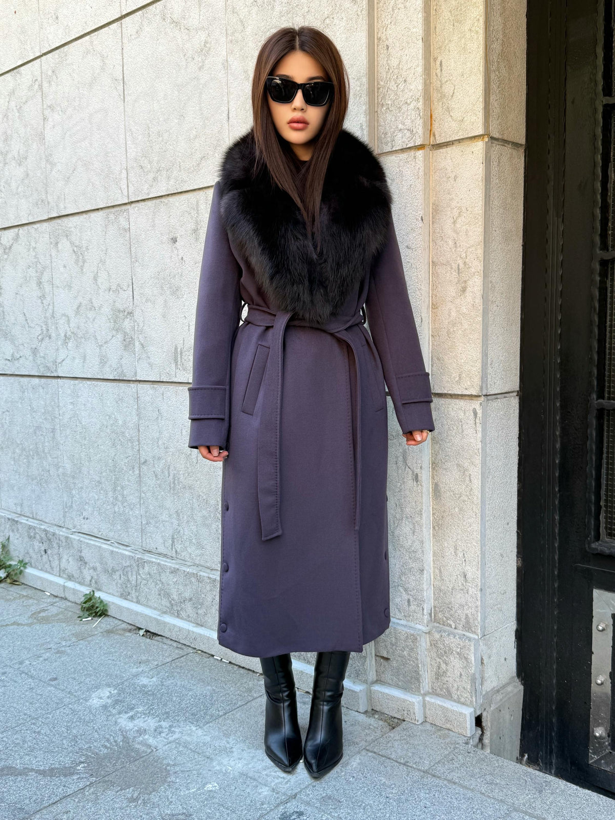 Deep Purple Cashmere Coat With Fox Fur Trim | Luxury Collar Fox Fur Coat | Handmade Plus Size Long Belted Wool Coat For Women, Fox Fur Coat