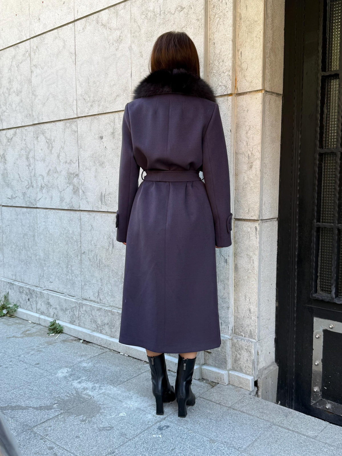 Deep Purple Cashmere Coat With Fox Fur Trim | Luxury Collar Fox Fur Coat | Handmade Plus Size Long Belted Wool Coat For Women, Fox Fur Coat