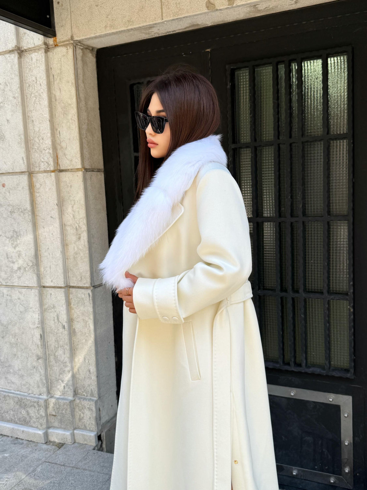 Ecru Cashmere Fox Fur Trim Coat, Long Collr Fox Fur Coat , White Handmade Long Belted Winter Coat | Luxury Women’s Warm Outerwear