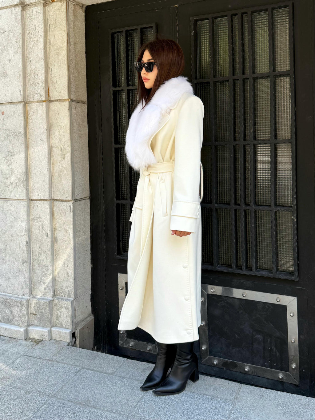Ecru Cashmere Fox Fur Trim Coat, Long Collr Fox Fur Coat , White Handmade Long Belted Winter Coat | Luxury Women’s Warm Outerwear