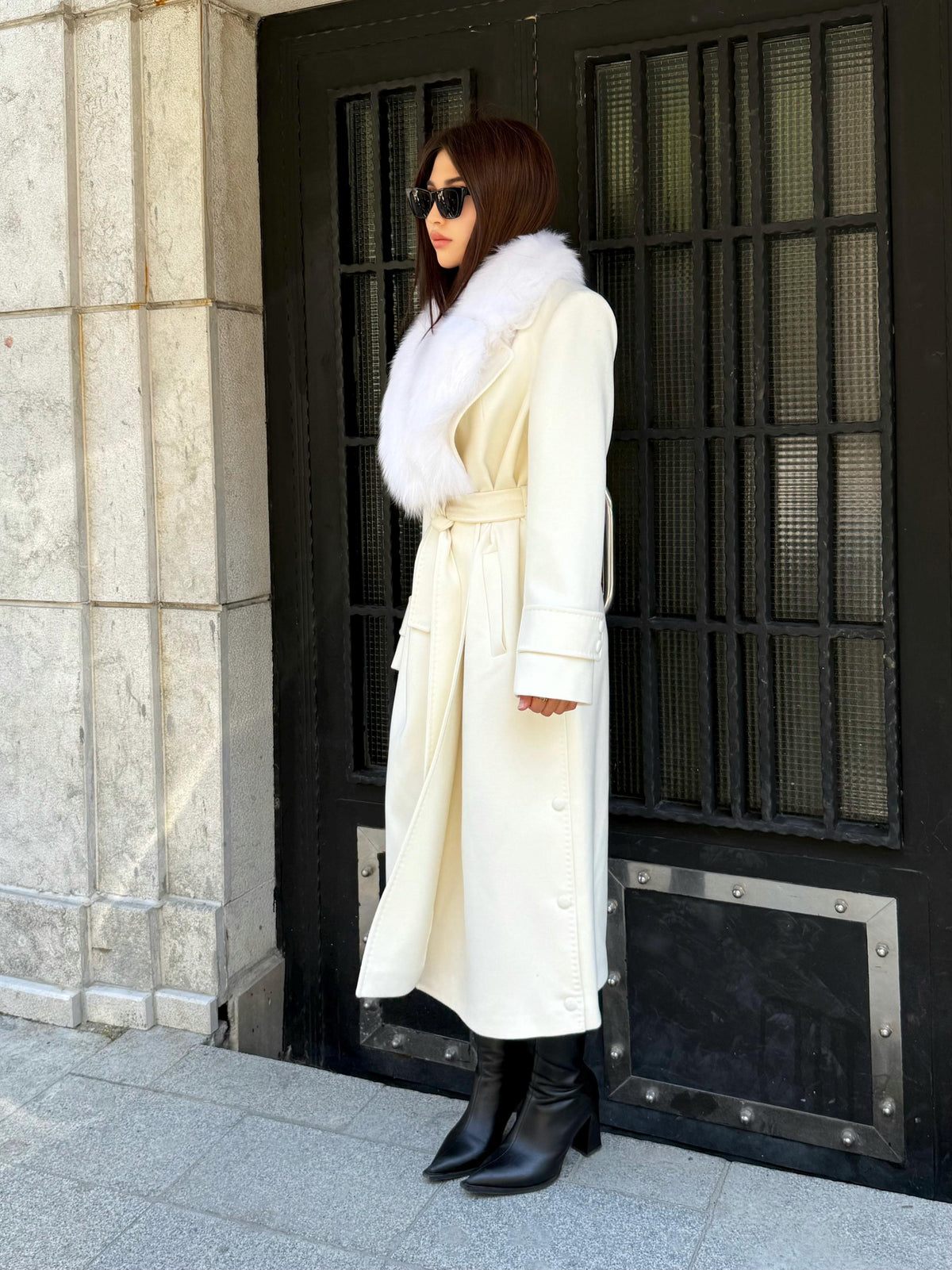 Ecru Cashmere Fox Fur Trim Coat, Long Collr Fox Fur Coat , White Handmade Long Belted Winter Coat | Luxury Women’s Warm Outerwear