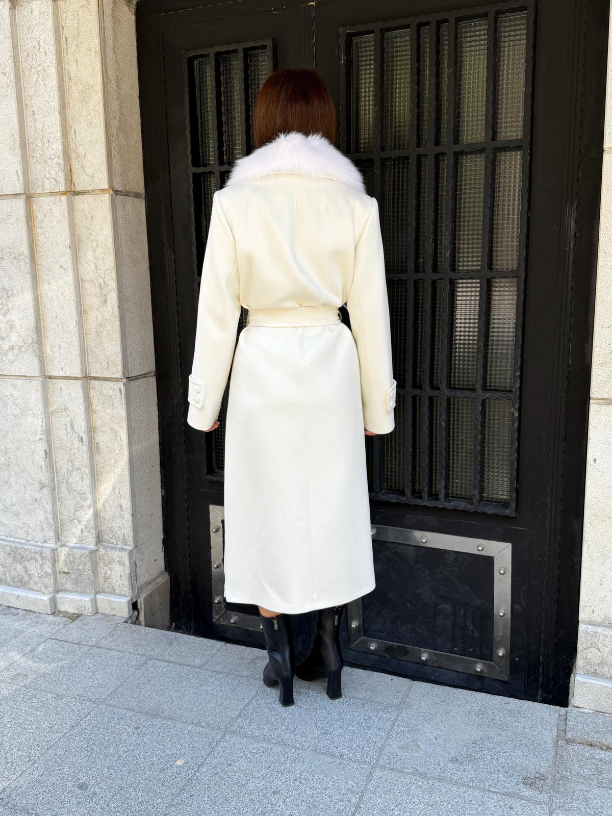 Ecru Cashmere Fox Fur Trim Coat, Long Collr Fox Fur Coat , White Handmade Long Belted Winter Coat | Luxury Women’s Warm Outerwear