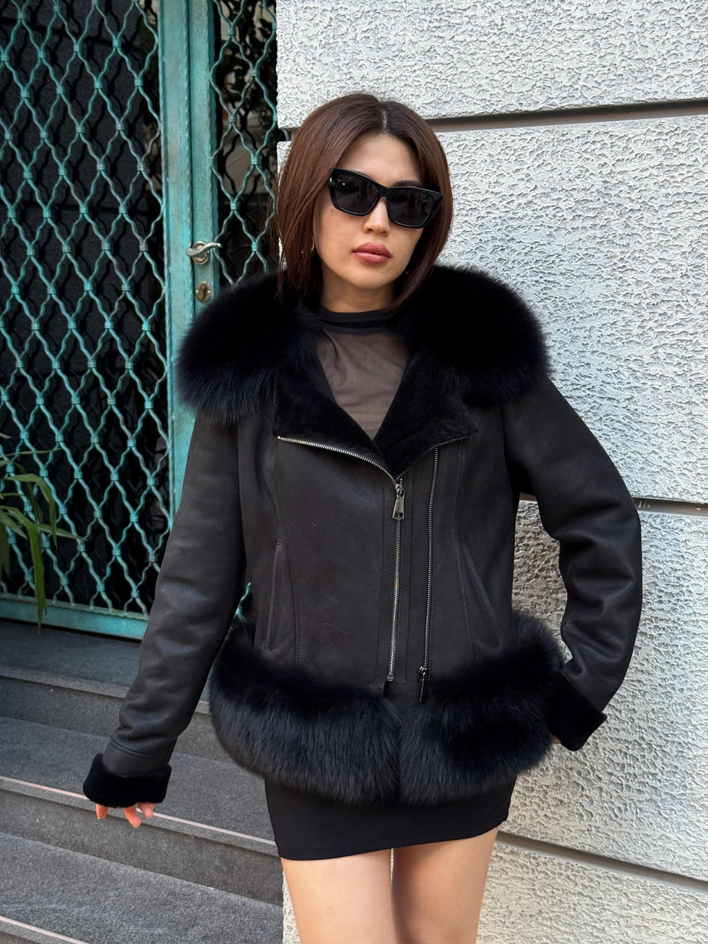 Black Womens Shearling Coat, Handmade Lambskin Short Collar & Skirt Fox Fur Jacket