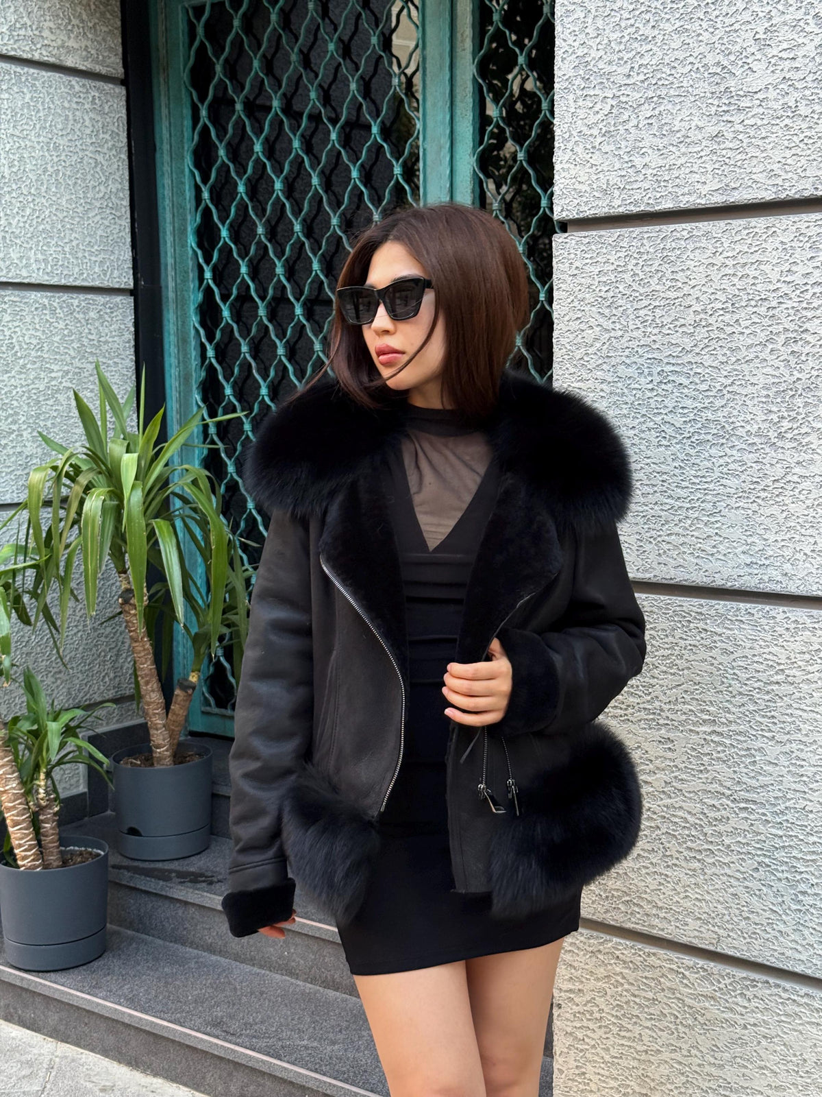 Black Womens Shearling Coat, Handmade Lambskin Short Collar & Skirt Fox Fur Jacket