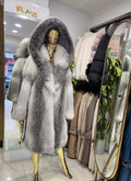 White Long Frost Fox Fur Coat With Hood, Handmade Women Fur Winter Jacket