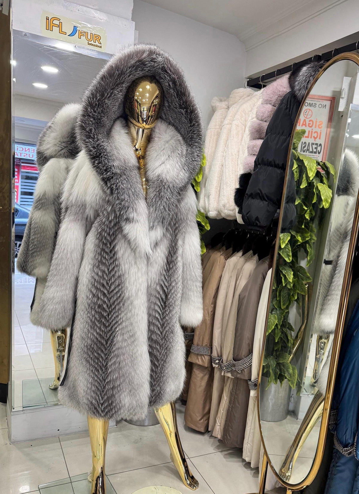 White Long Frost Fox Fur Coat With Hood, Handmade Women Fur Winter Jacket