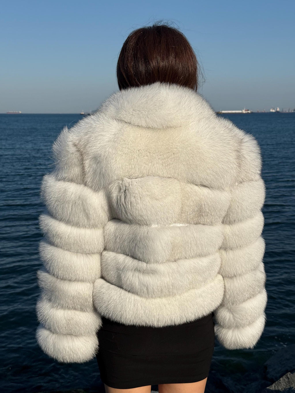 Women’s White Fox Fur Jacket, Handmade Detachable Sleeves Short Fur Coat
