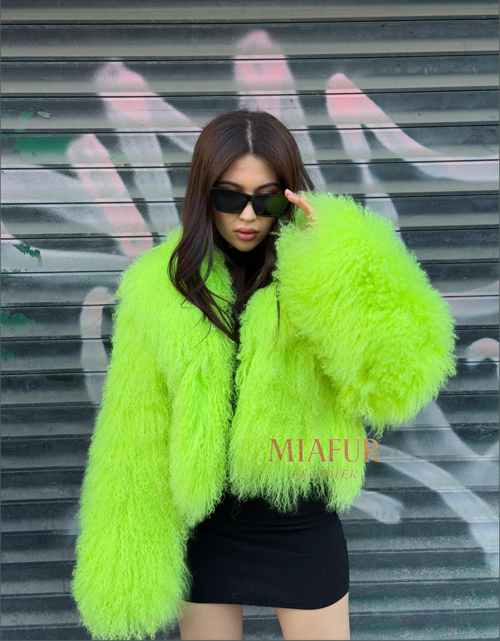 Women’s Neon Green Tibetan Fur Coat, Handmade Shaggy Mongolian Lamb Fur Jacket