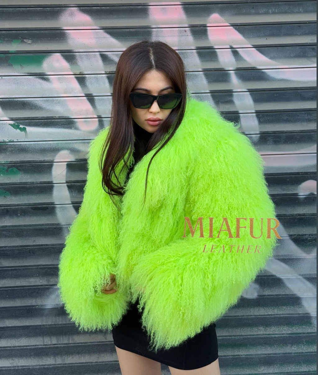 Women’s Neon Green Tibetan Fur Coat, Handmade Shaggy Mongolian Lamb Fur Jacket