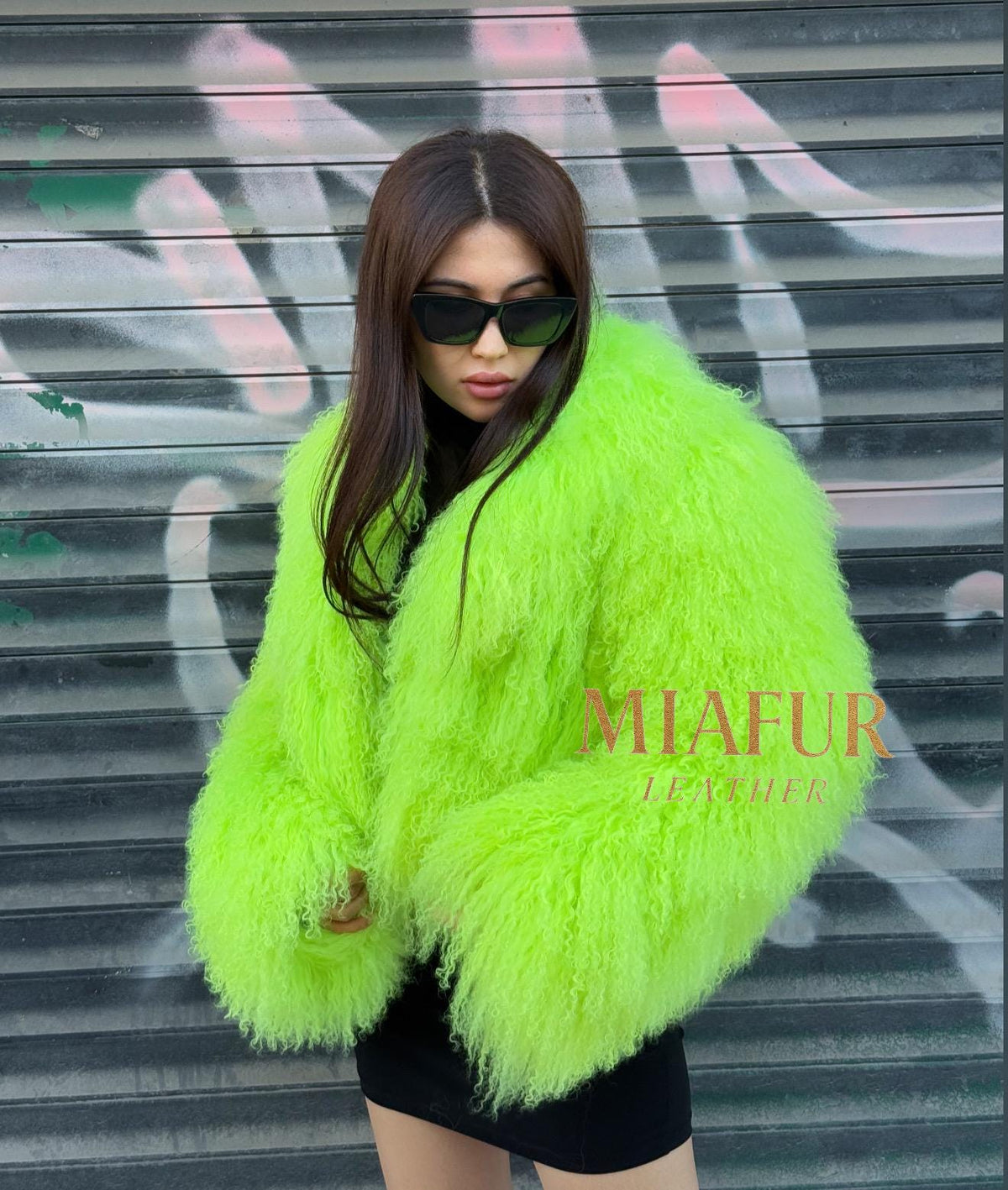 Women’s Neon Green Tibetan Fur Coat, Handmade Shaggy Mongolian Lamb Fur Jacket