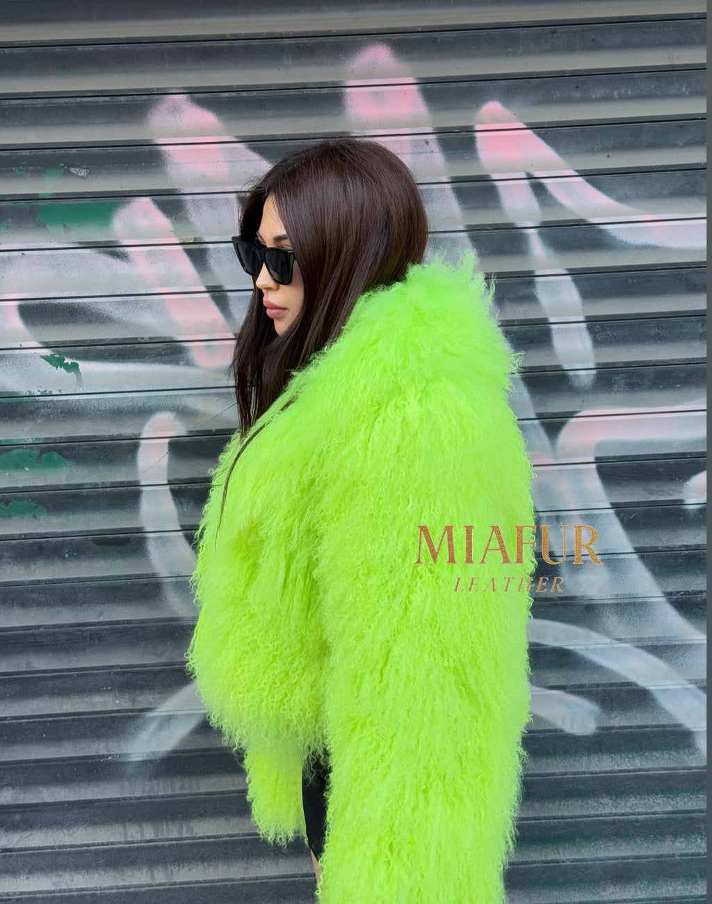Women’s Neon Green Tibetan Fur Coat, Handmade Shaggy Mongolian Lamb Fur Jacket