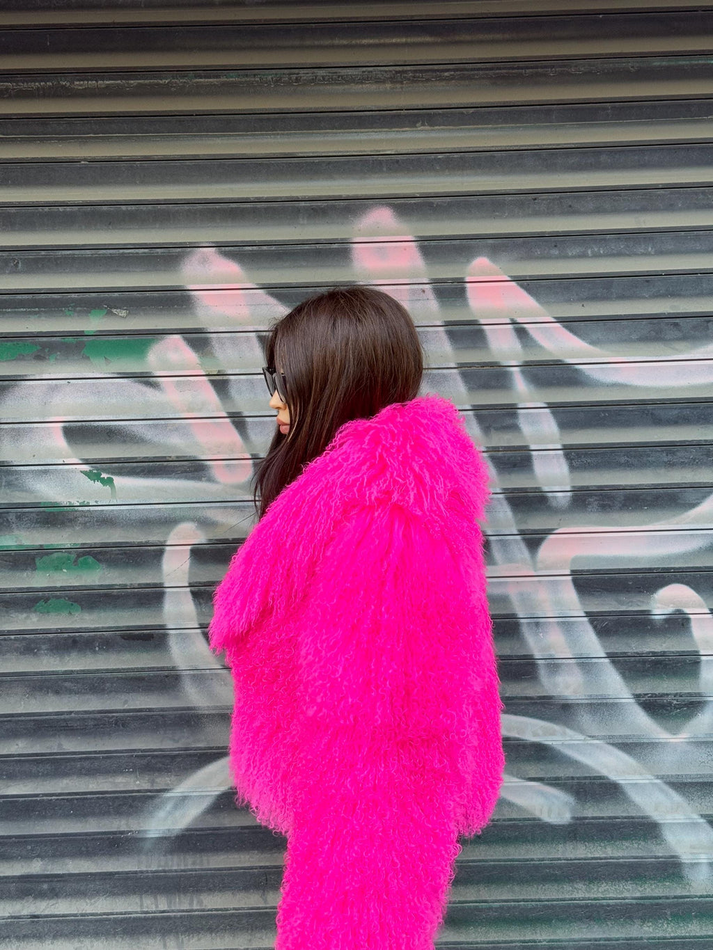 Women’s Neon Pink Tibetan Fur Coat, Handmade Short Shaggy Mongolian Lamb Fur Jacket