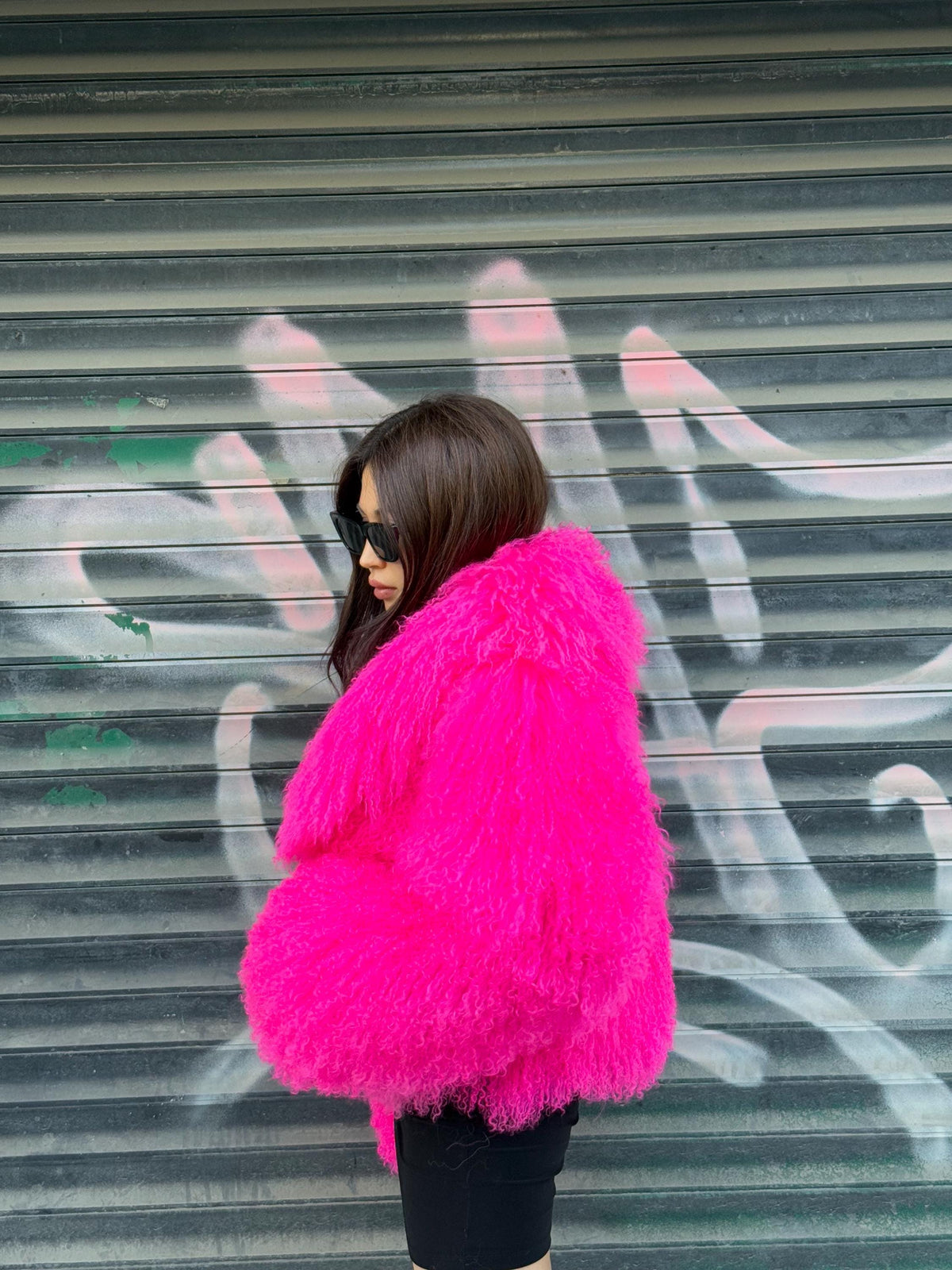 Women’s Neon Pink Tibetan Fur Coat, Handmade Short Shaggy Mongolian Lamb Fur Jacket