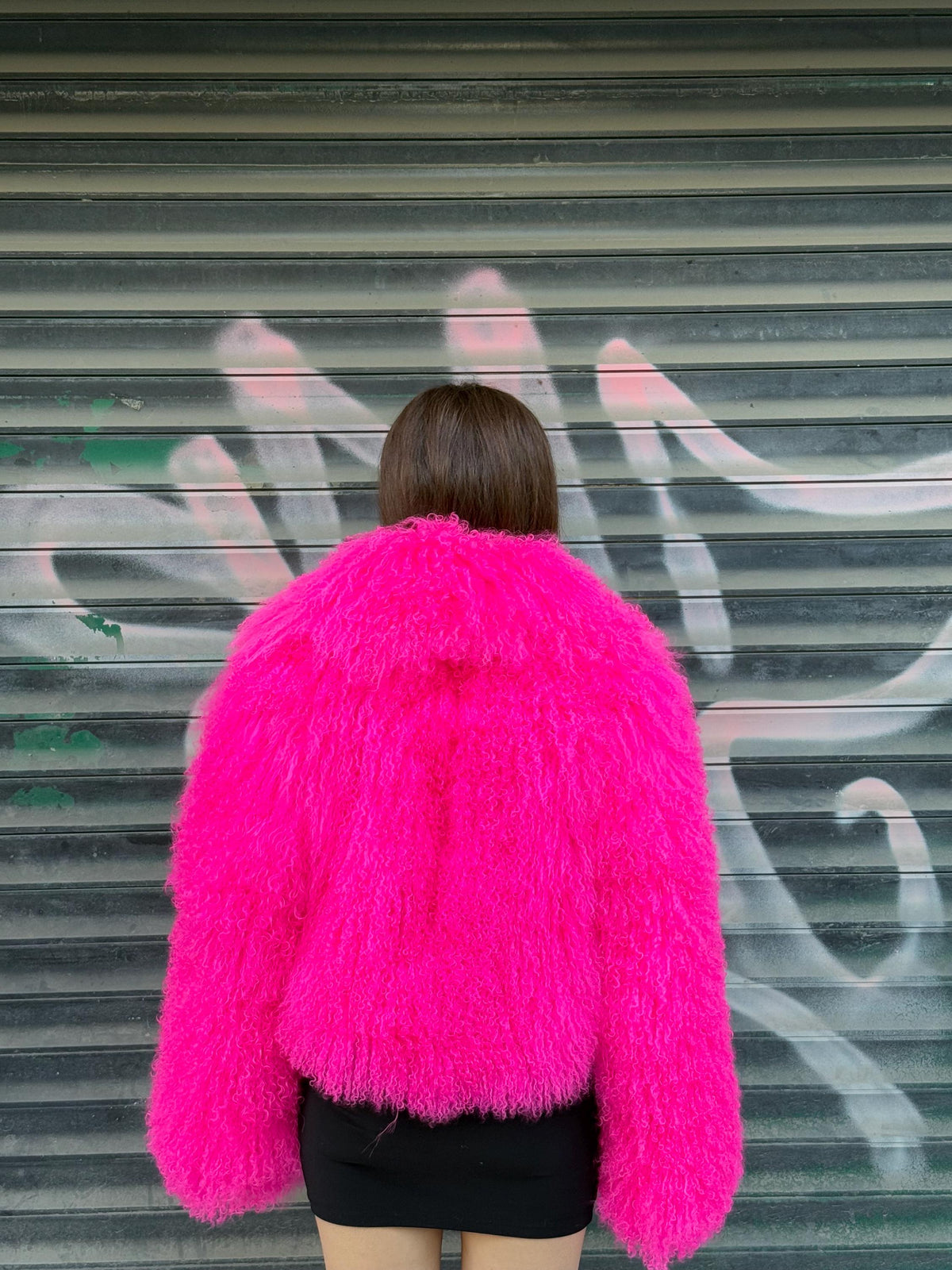 Women’s Neon Pink Tibetan Fur Coat, Handmade Short Shaggy Mongolian Lamb Fur Jacket