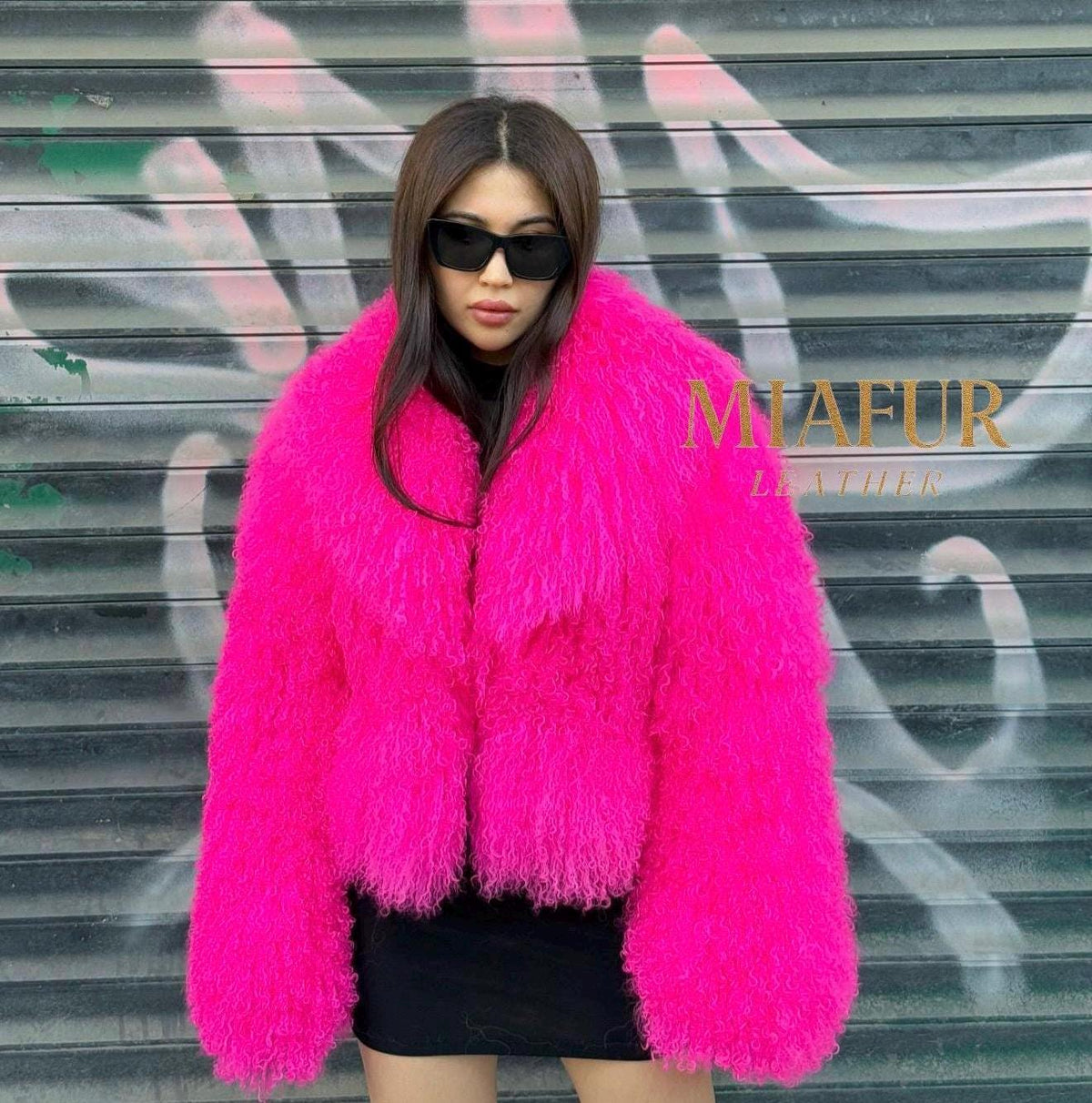 Women’s Neon Pink Tibetan Fur Coat, Handmade Short Shaggy Mongolian Lamb Fur Jacket