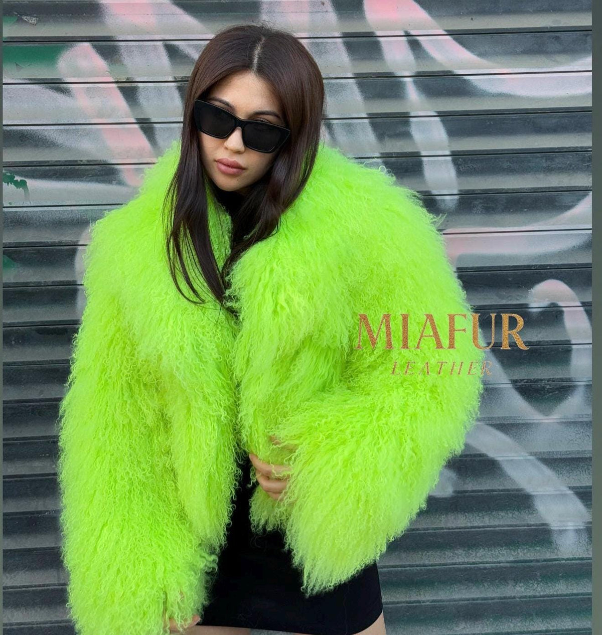 Women’s Neon Green Tibetan Fur Coat, Handmade Shaggy Mongolian Lamb Fur Jacket