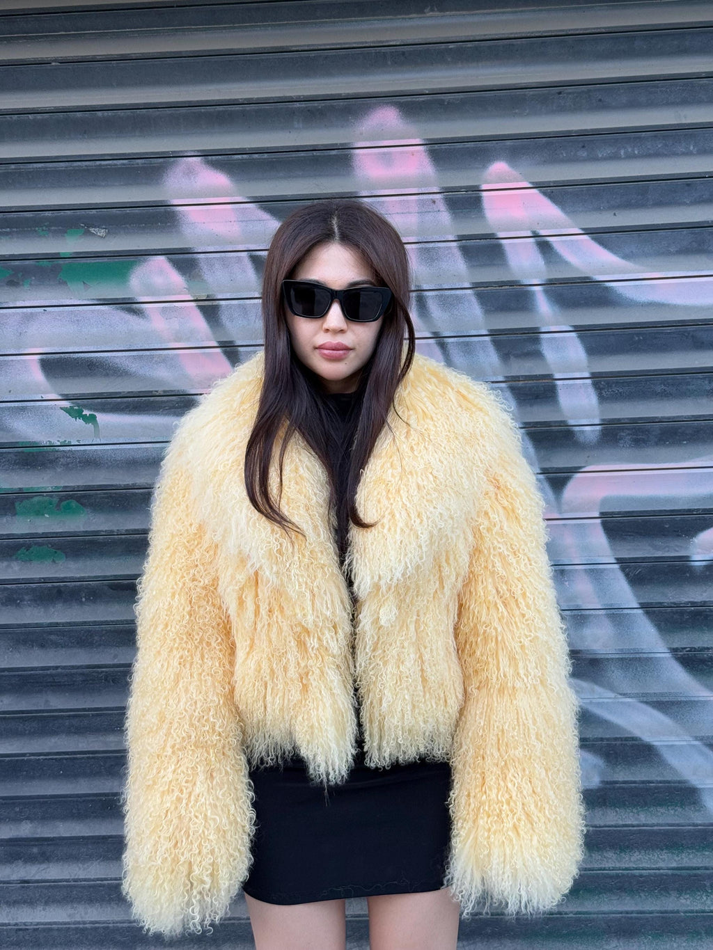 Yellow Tibetan Fur Coat, Handmade Women’s Shaggy Mongolian Lamb Fur Jacket