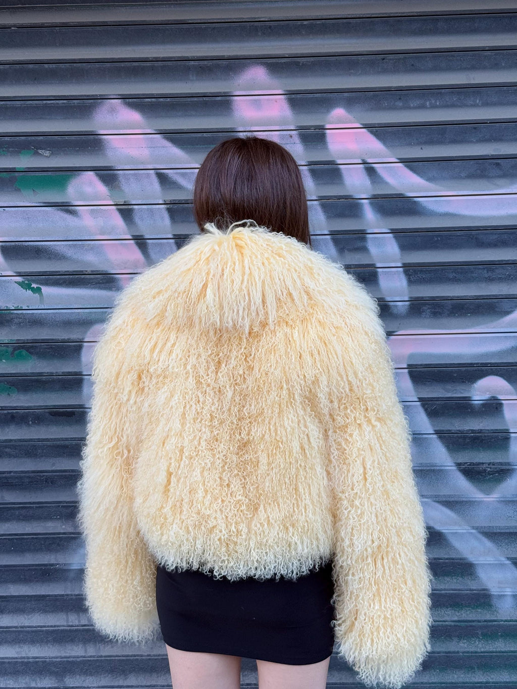 Yellow Tibetan Fur Coat, Handmade Women’s Shaggy Mongolian Lamb Fur Jacket