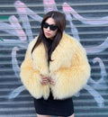 Yellow Tibetan Fur Coat, Handmade Women’s Shaggy Mongolian Lamb Fur Jacket
