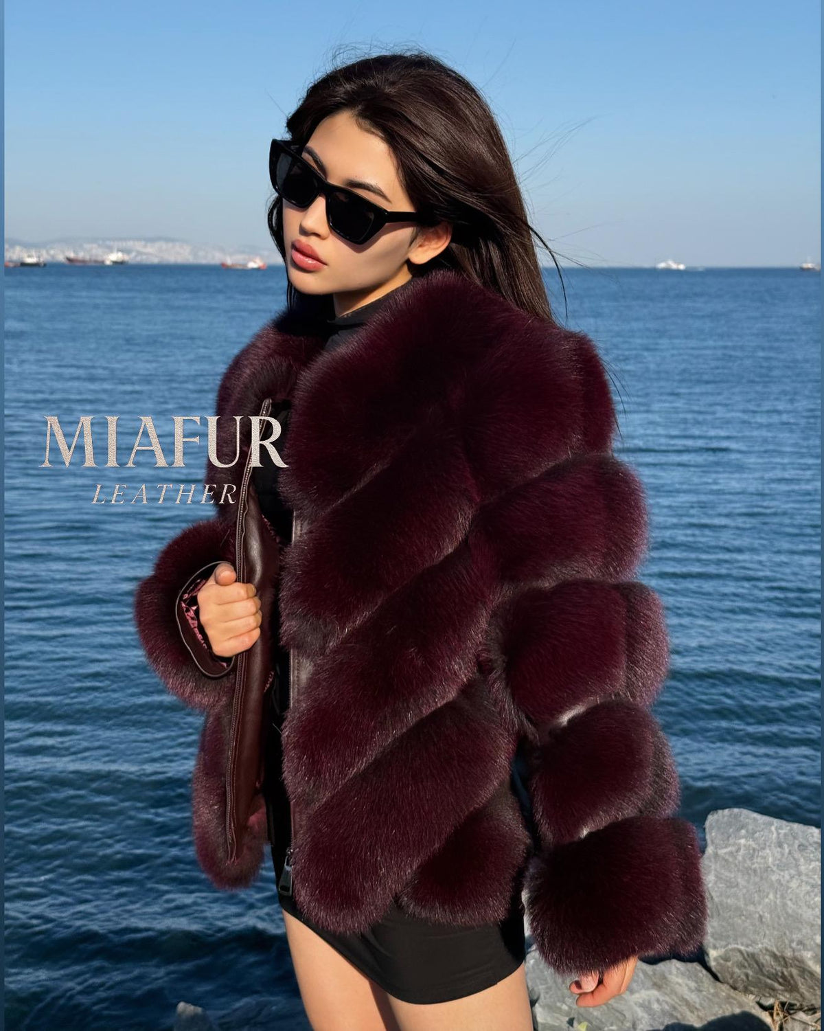 Women’s Burgundy Fox Fur Jacket: Handmade Detachable Sleeve Short Fur Coat