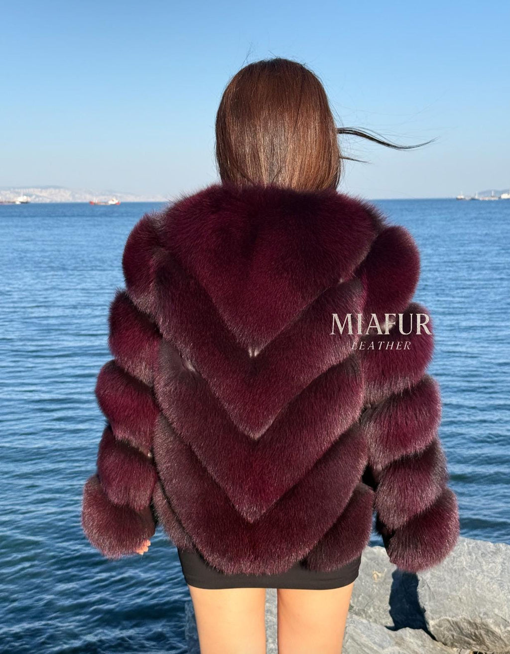 Women’s Burgundy Fox Fur Jacket: Handmade Detachable Sleeve Short Fur Coat