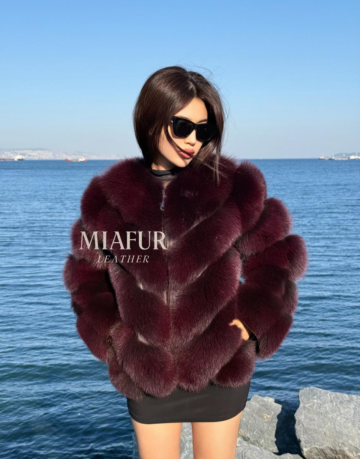 Women’s Burgundy Fox Fur Jacket: Handmade Detachable Sleeve Short Fur Coat