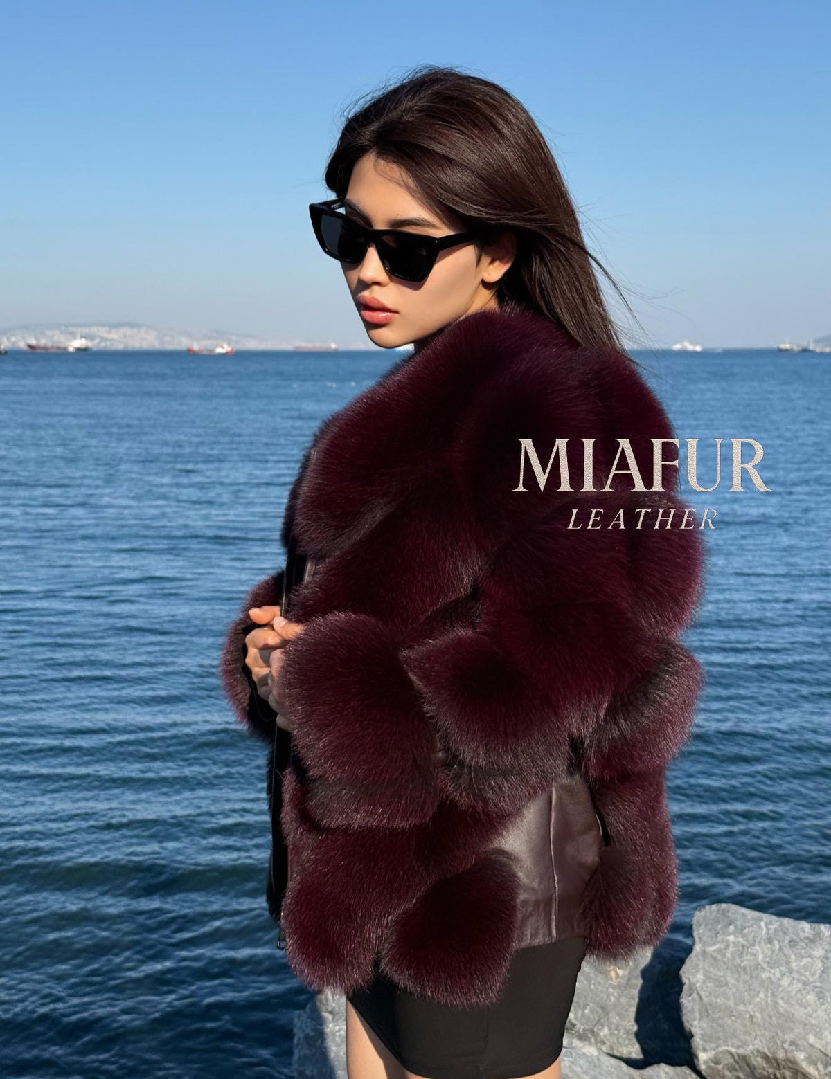 Women’s Burgundy Fox Fur Jacket: Handmade Detachable Sleeve Short Fur Coat