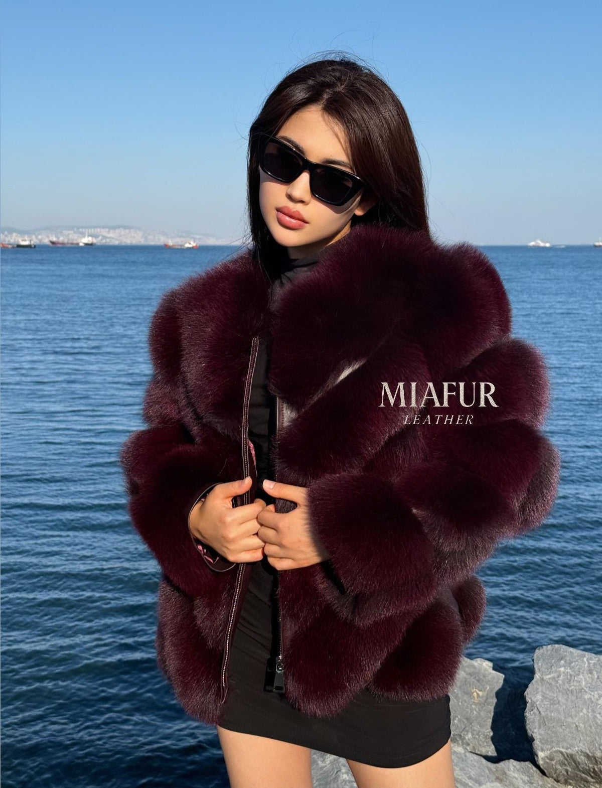 Women’s Burgundy Fox Fur Jacket: Handmade Detachable Sleeve Short Fur Coat