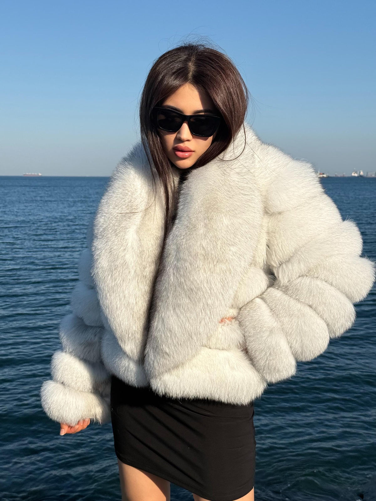 Women’s White Fox Fur Jacket, Handmade Detachable Sleeves Short Fur Coat