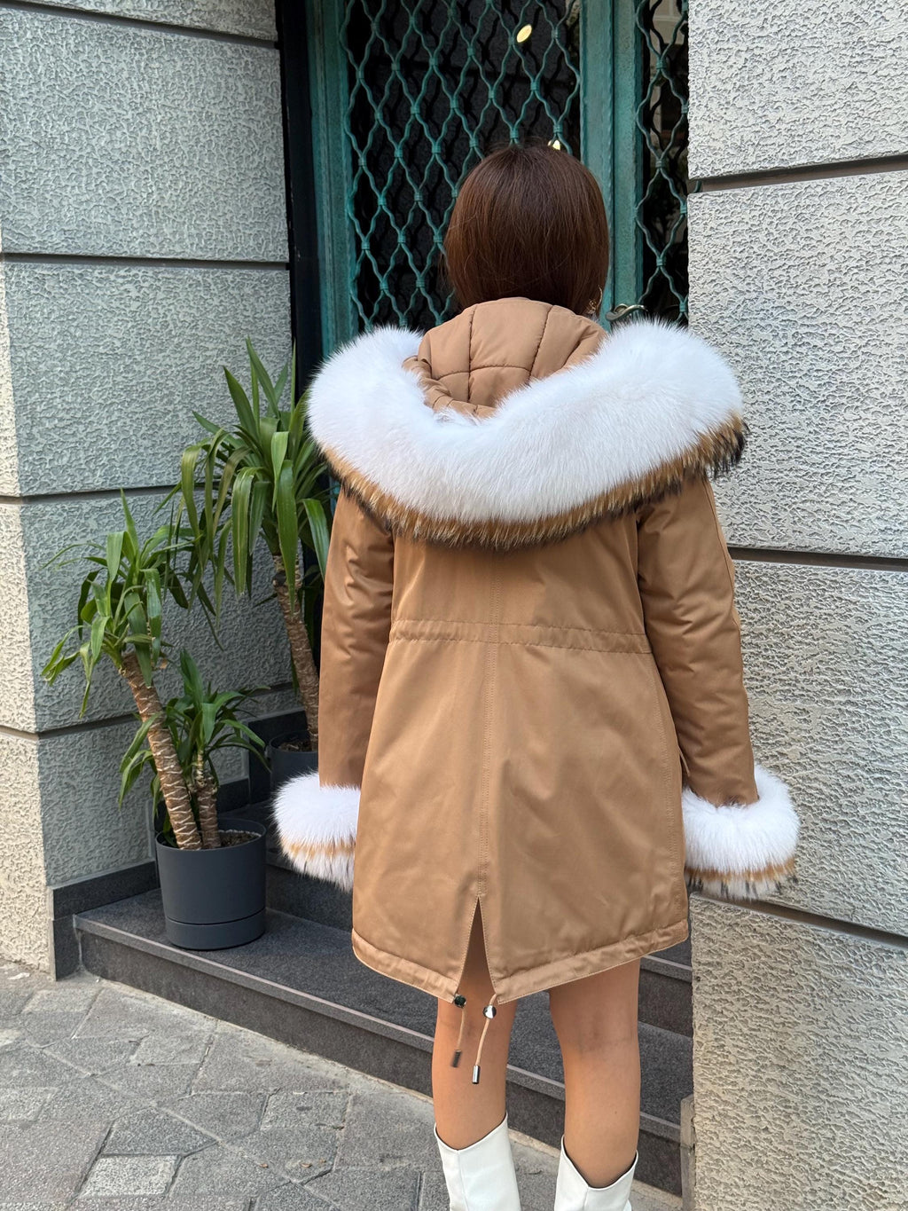 Handmade Camel Puffer Parka With Fur Trim - Hood Front Fox Fur Jacket For Women