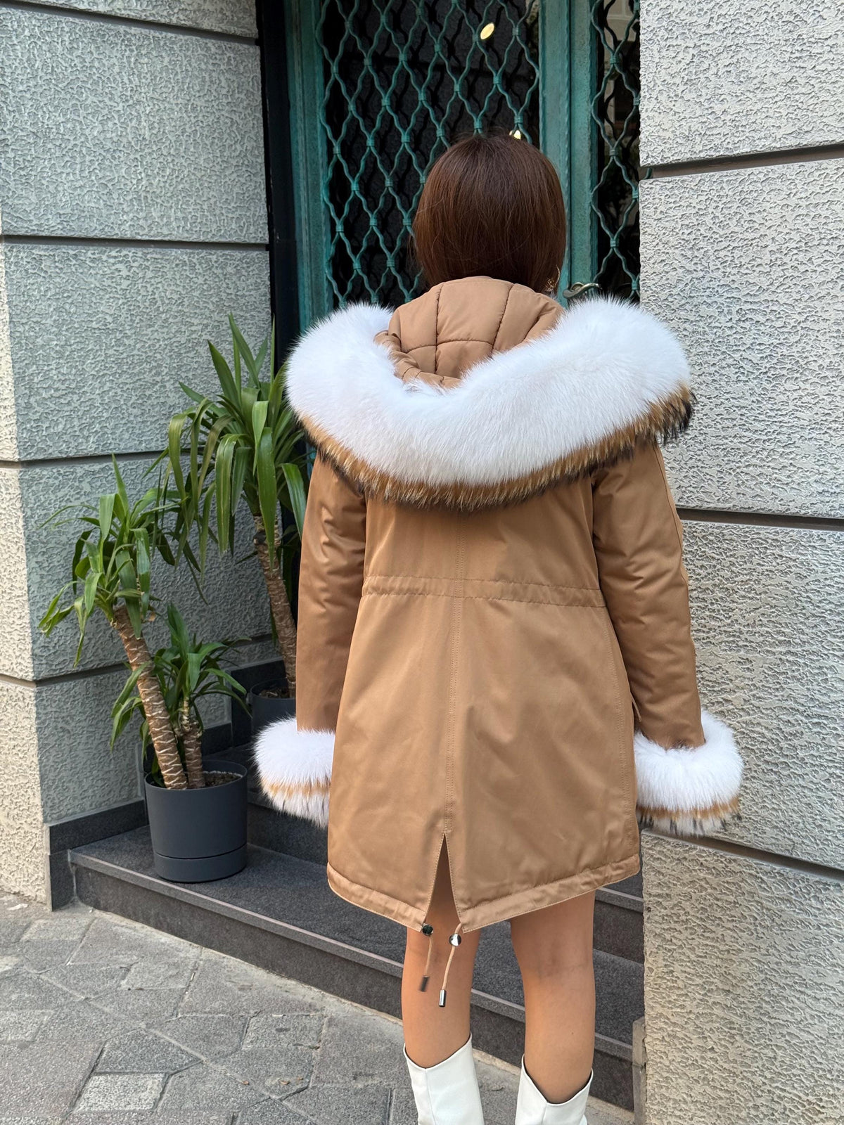Handmade Camel Puffer Parka With Fur Trim - Hood Front Fox Fur Jacket For Women