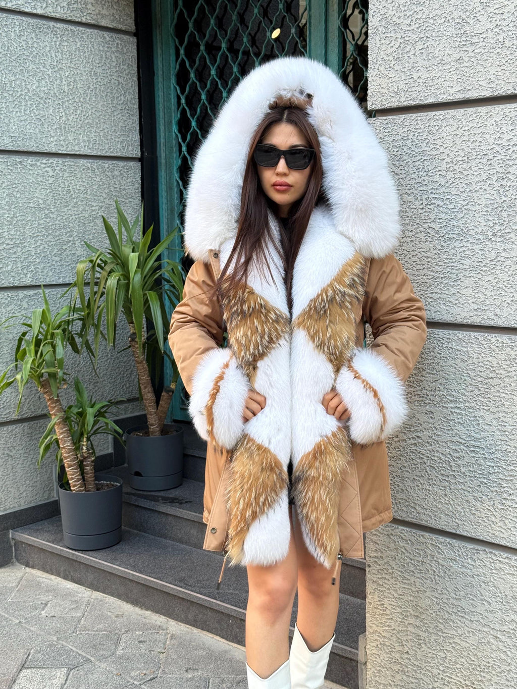 Handmade Camel Puffer Parka With Fur Trim - Hood Front Fox Fur Jacket For Women
