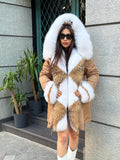 Handmade Camel Puffer Parka With Fur Trim - Hood Front Fox Fur Jacket For Women