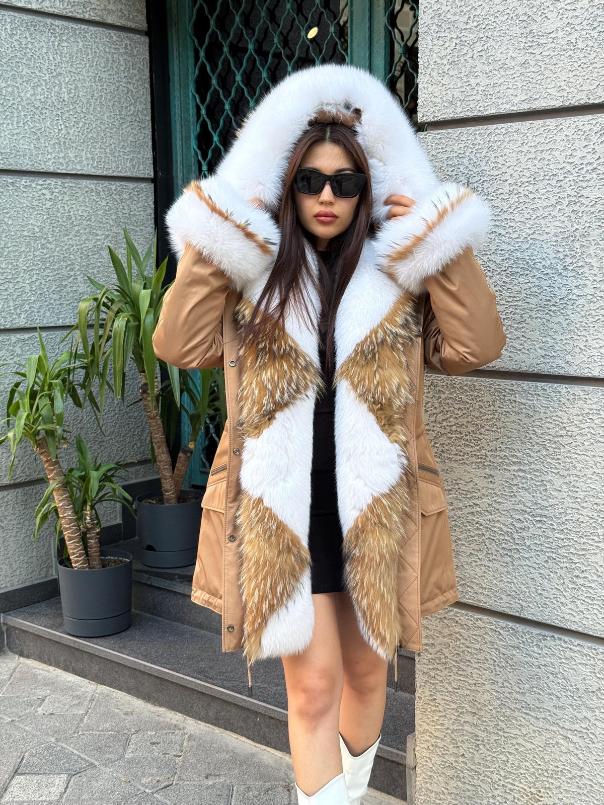 Handmade Camel Puffer Parka With Fur Trim - Hood Front Fox Fur Jacket For Women