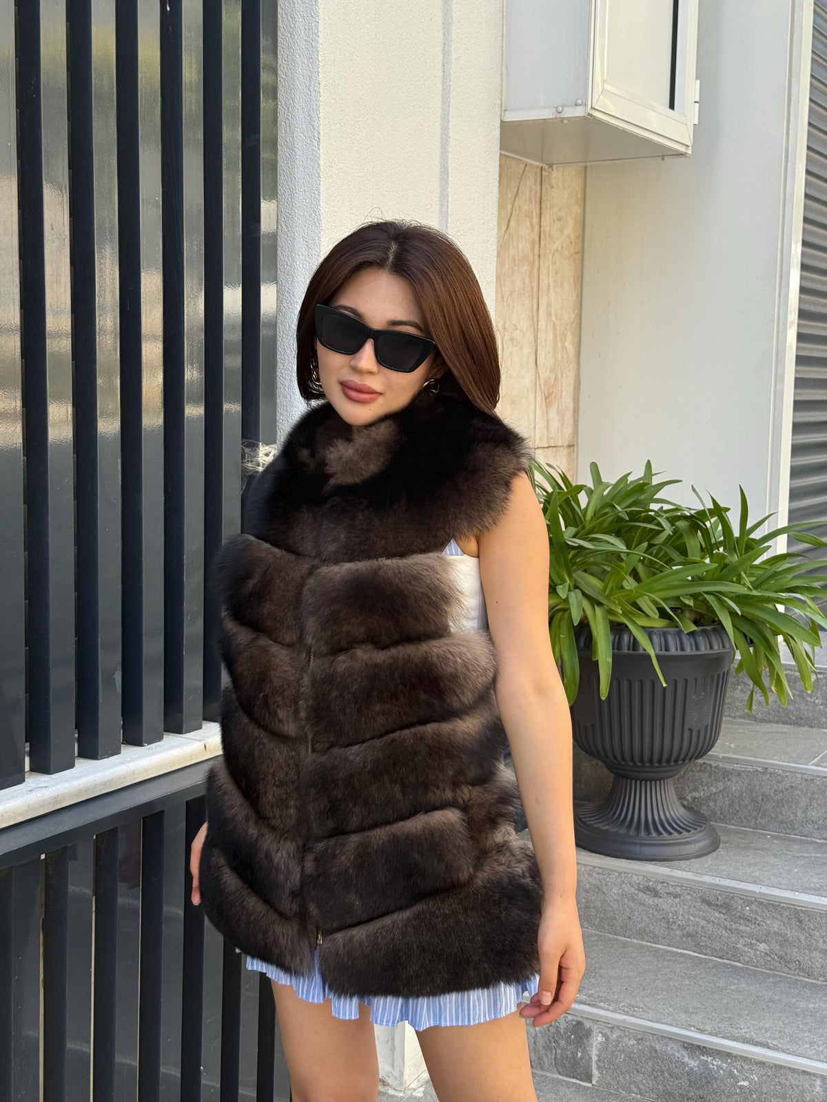Handmade Alpaca Wool Vest, Front Genuine Fox Fur Gilet For Women