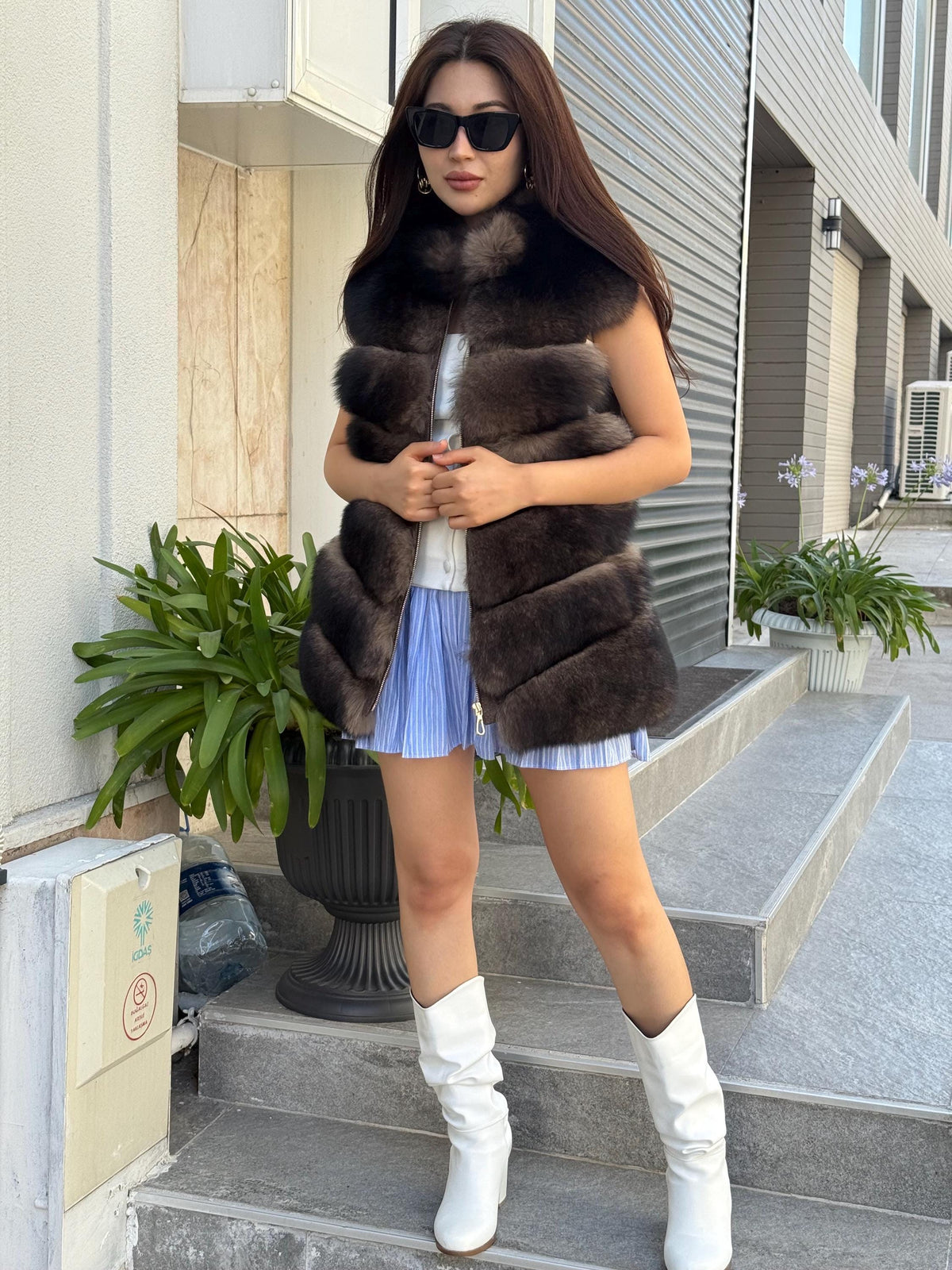 Handmade Alpaca Wool Vest, Front Genuine Fox Fur Gilet For Women