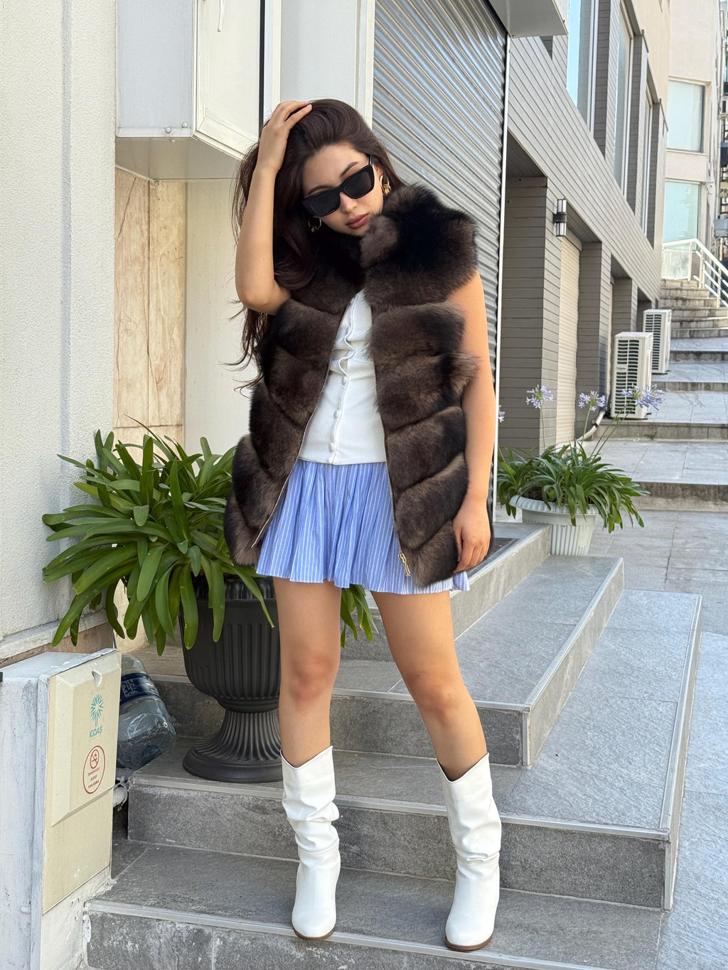 Handmade Alpaca Wool Vest, Front Genuine Fox Fur Gilet For Women