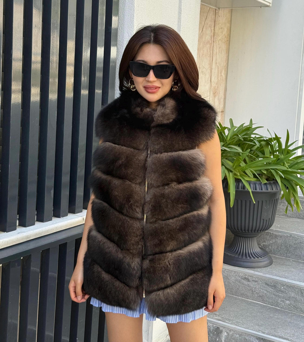 Handmade Alpaca Wool Vest, Front Genuine Fox Fur Gilet For Women