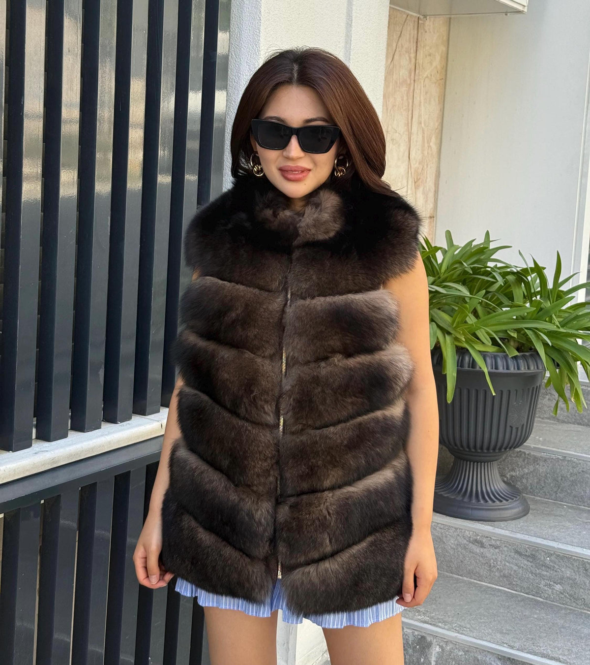 Handmade Alpaca Wool Vest, Front Genuine Fox Fur Gilet For Women