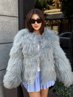 Ice Gray Tibetan Fur Coat, Shaggy Lamb Fur Coat , Women Mongolian Fur Jacket