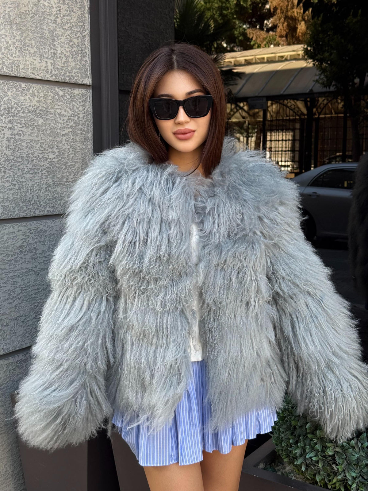 Ice Gray Tibetan Fur Coat, Shaggy Lamb Fur Coat , Women Mongolian Fur Jacket