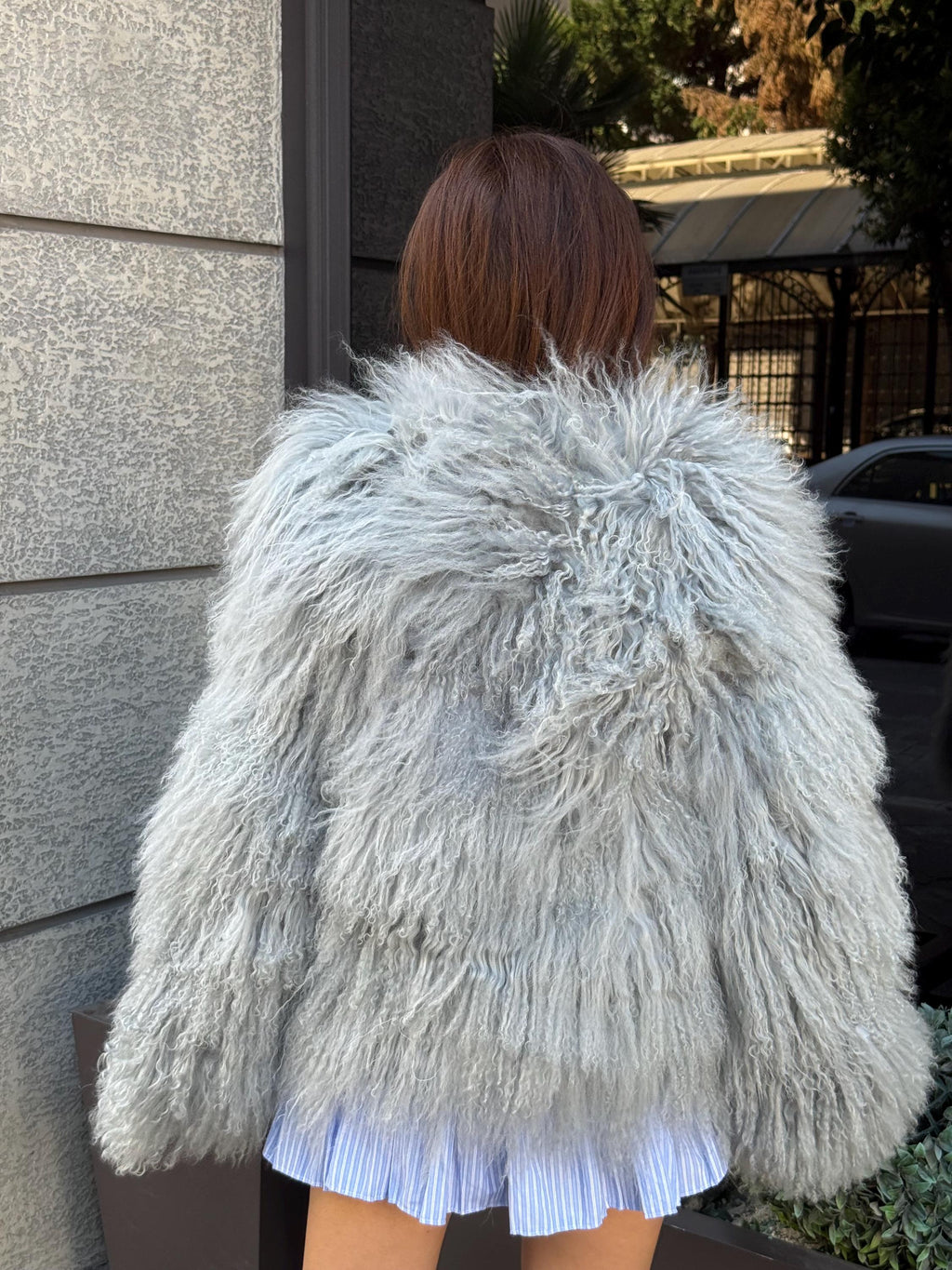 Ice Gray Tibetan Fur Coat, Shaggy Lamb Fur Coat , Women Mongolian Fur Jacket