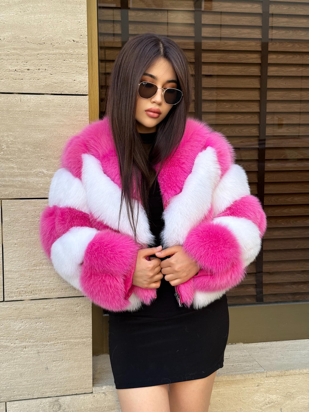 Luxury Pink - White Fox Fur Jacket: Women’s Handmade Detachable Sleeves Short Coat
