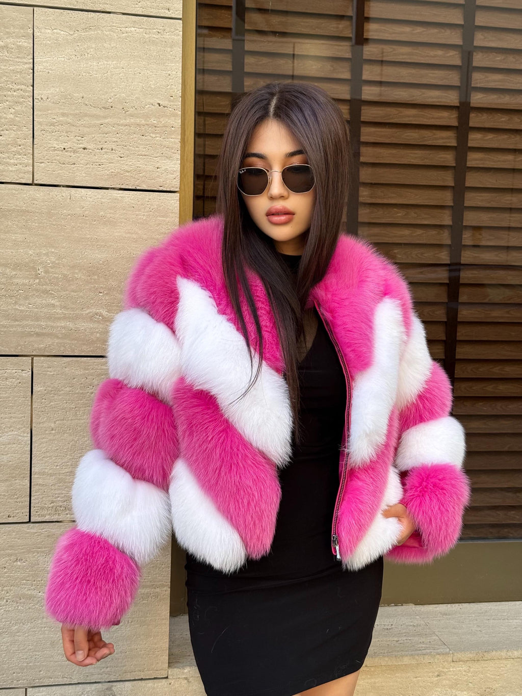 Luxury Pink - White Fox Fur Jacket: Women’s Handmade Detachable Sleeves Short Coat