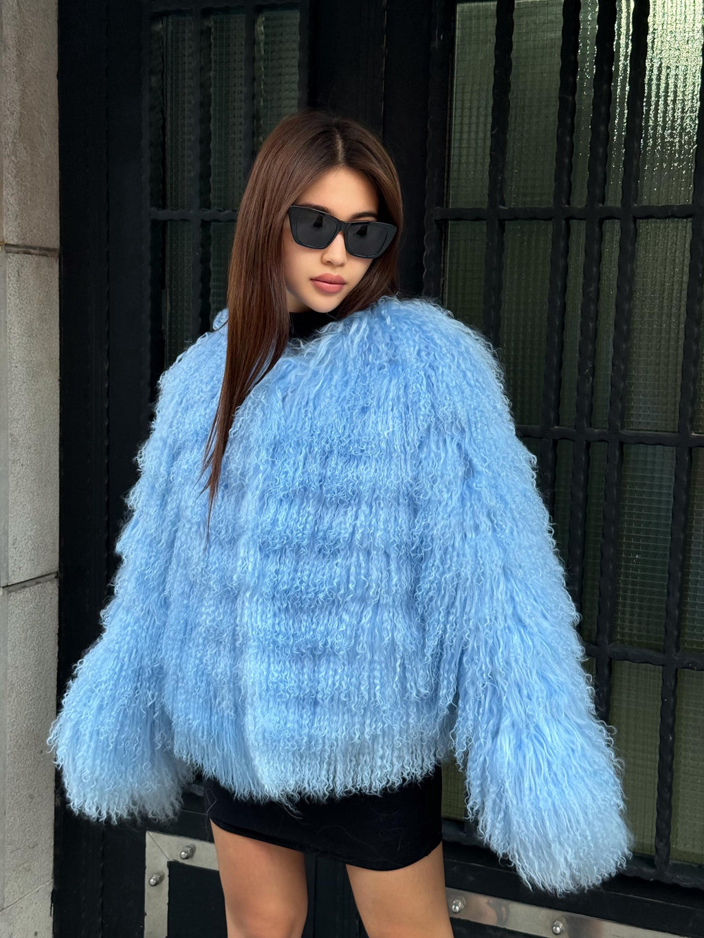 Sky Blue Tibetan Fur Jacket: Handmade Shaggy Lamb Fur Coat For Women