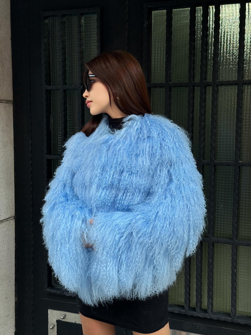 Sky Blue Tibetan Fur Jacket: Handmade Shaggy Lamb Fur Coat For Women