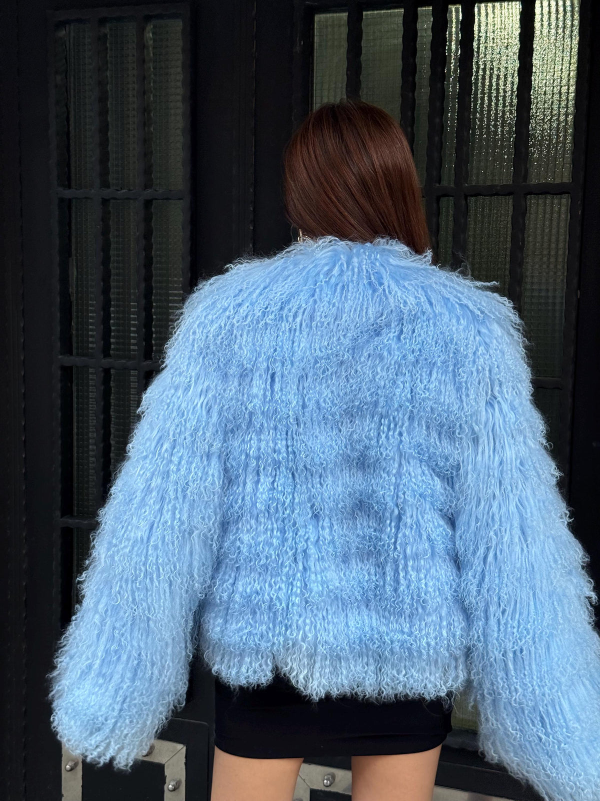 Sky Blue Tibetan Fur Jacket: Handmade Shaggy Lamb Fur Coat For Women