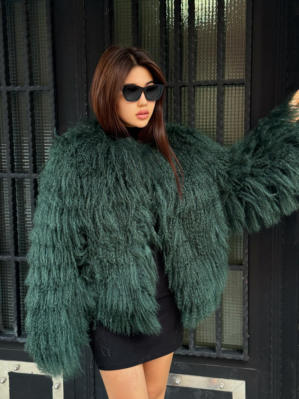 Emerald Green Shaggy Tibetan Fur Jacket : Handmade Mongolian Lamb Fur Short Coat Women